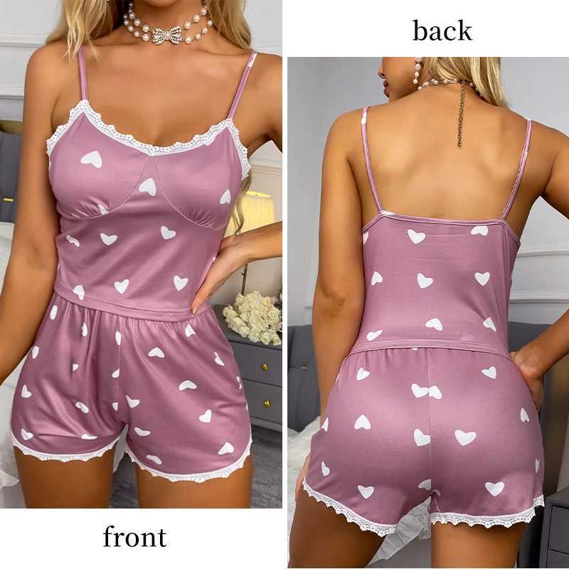Womens Two-Piece V-Neck Suspender Lace Printed Top and Shorts Womens Casual Printed Pajama SetXJ250220