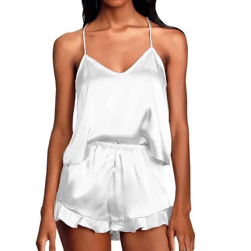 Summer Sexy Pajamas Two-Piece Set for Women Solid Camisole Top Ruffled Shorts Spwear Suit Home Wear Lingerie NightwearXJ250220