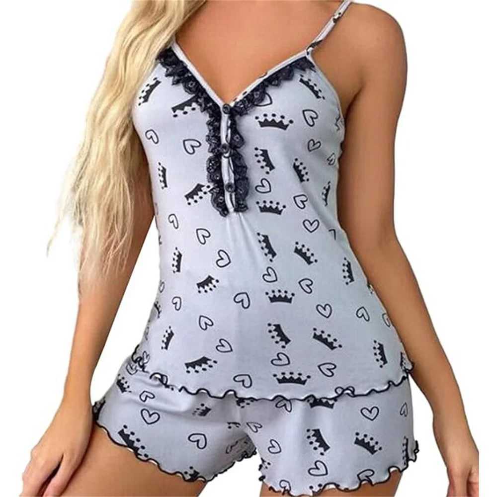 Pajama set Sexy Summer Two Pieces Women Pajamas Set Deep V-Neck Tops And Shorts Pajama Suit Ladies Sveless NightwearXJ250220