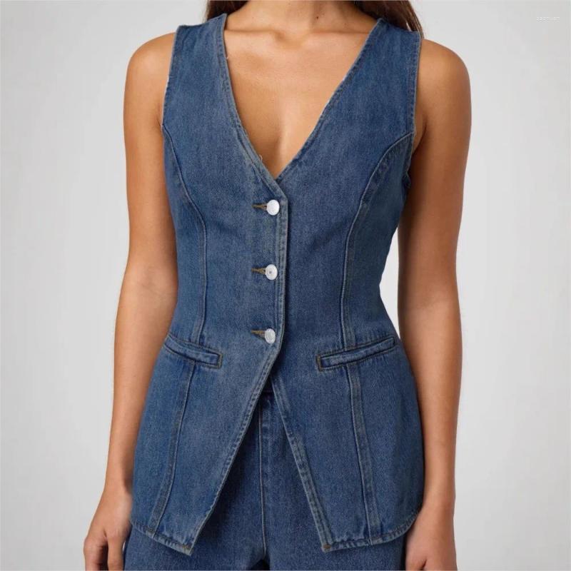Womens Tracksuits Vintage Blue Denim Sleeveless Single Breasted Tops Suit Summer 2025 Jean Jacket Top Shorts Sets 2 Piece