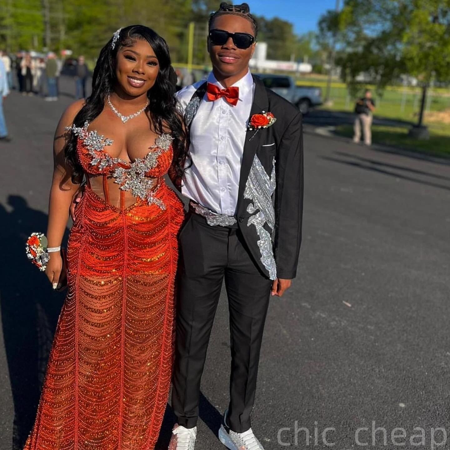 Orange Mermaid Prom Dresses 2025 Crystals Sequined See Through Evening Formal Party Second Birthday Engagement Gowns Plus Size Dress For Special Occas