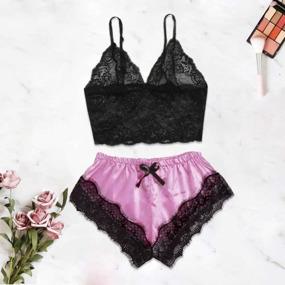 Sexy Women Pajama Suit Satin Camisole Shorts Set V Neck Babydoll Lace Bowknot Pyjamas Sp Shorts Set Spwear LingerieXJ250220