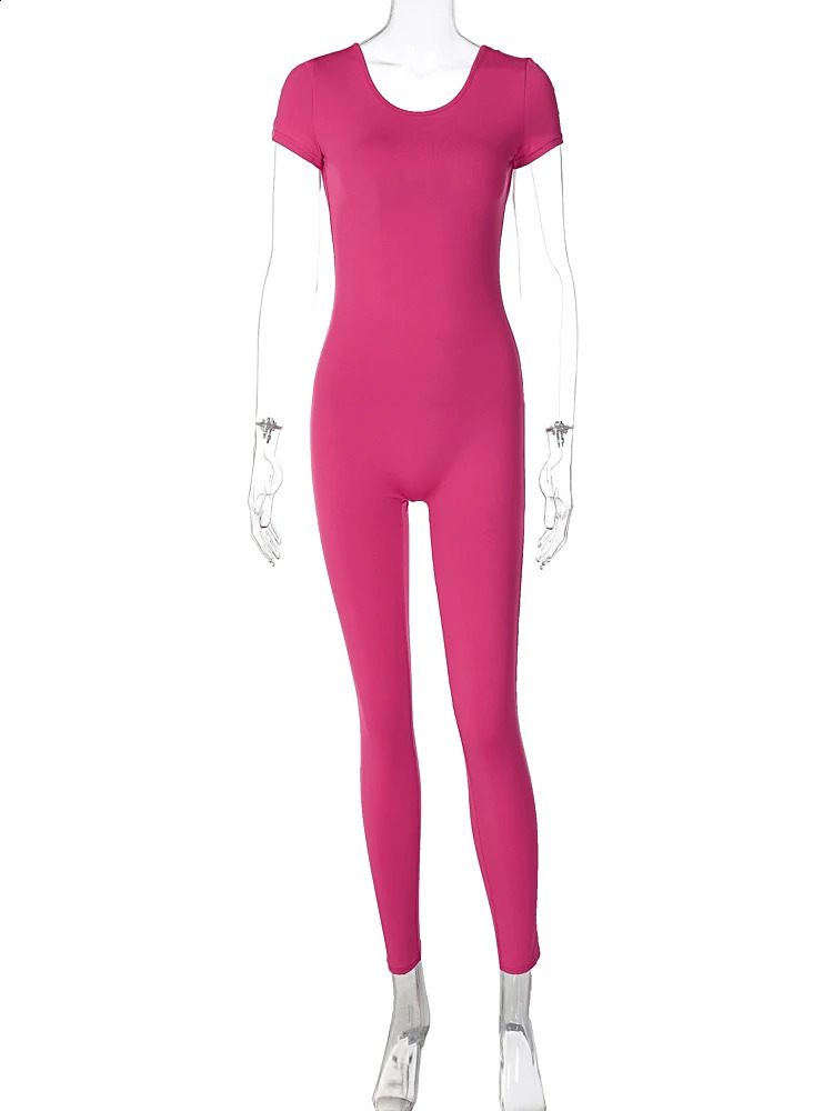 Hugcitar Solid Short Sleeve Backless Sexy Bodycon Skinny One Piece Jumpsuit Summer Women Casual Romper Y2K Streetwear Club 250220