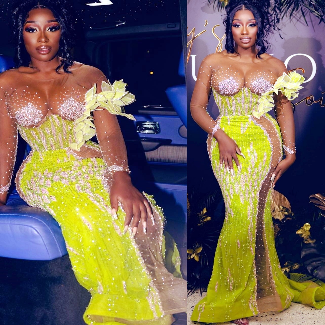 Yellow Green Mermaid Prom Dresses 2025 Florals Beaded Sequined Evening Formal Party Second Birthday Engagement Gowns Plus Size Dress For Special Occas