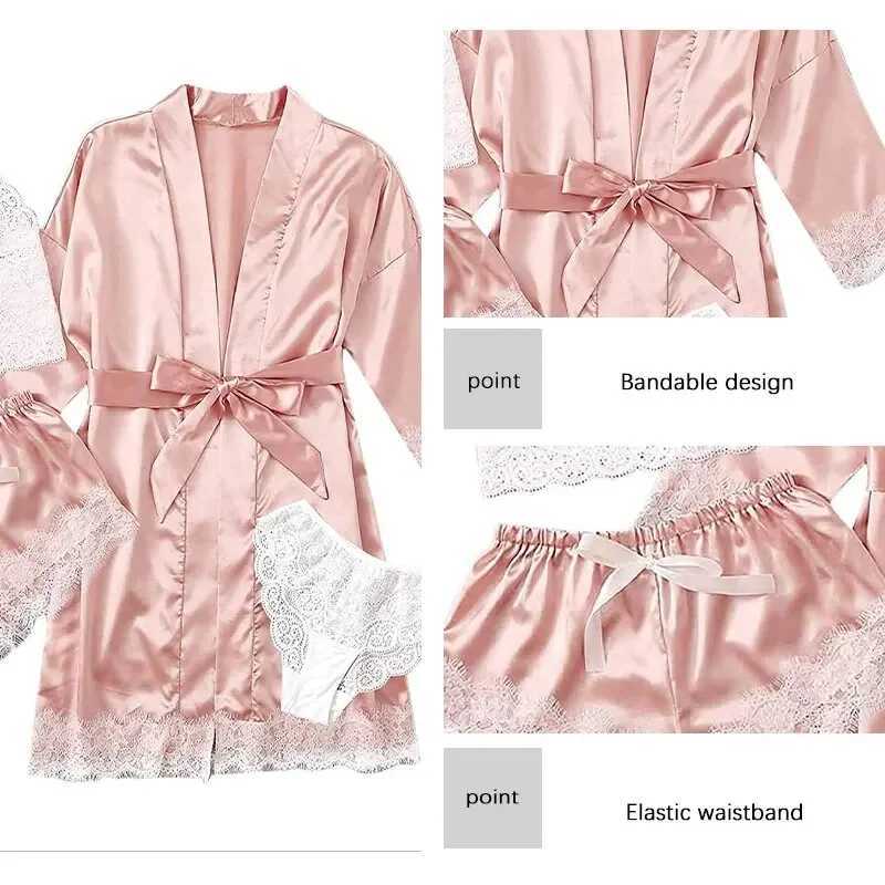 Womens Summer Sexy Pajama Pants Set 4 Pieces Lace Satin With Silk Spwear Robe Fashion And Comfortable NightwearXJ250220