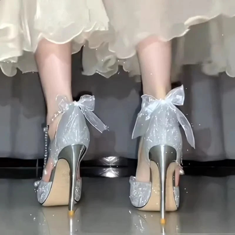 Bridal Wedding Pumps Shoes Women Pumps Crystal Bowknot Satin Sandals 2023 Summer Transparent Shoes High Heels Party Prom Shoes 250218