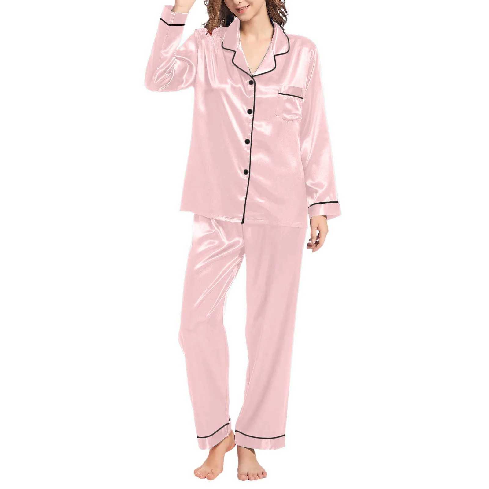 Pajama 2 Piece Women Sets Ice Silk Comfy Solid Color Button Down Shirt With Pants Loungewear Satin Nightwear Pyjama SuitsXJ250220