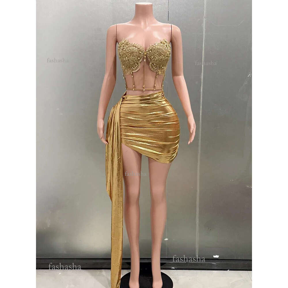 Gold Color Women Sexy 2 Pieces Strapless Bodycon Mini Dress Bar Singer Nightclub Party Celebrate Birthday Wholesale 240828