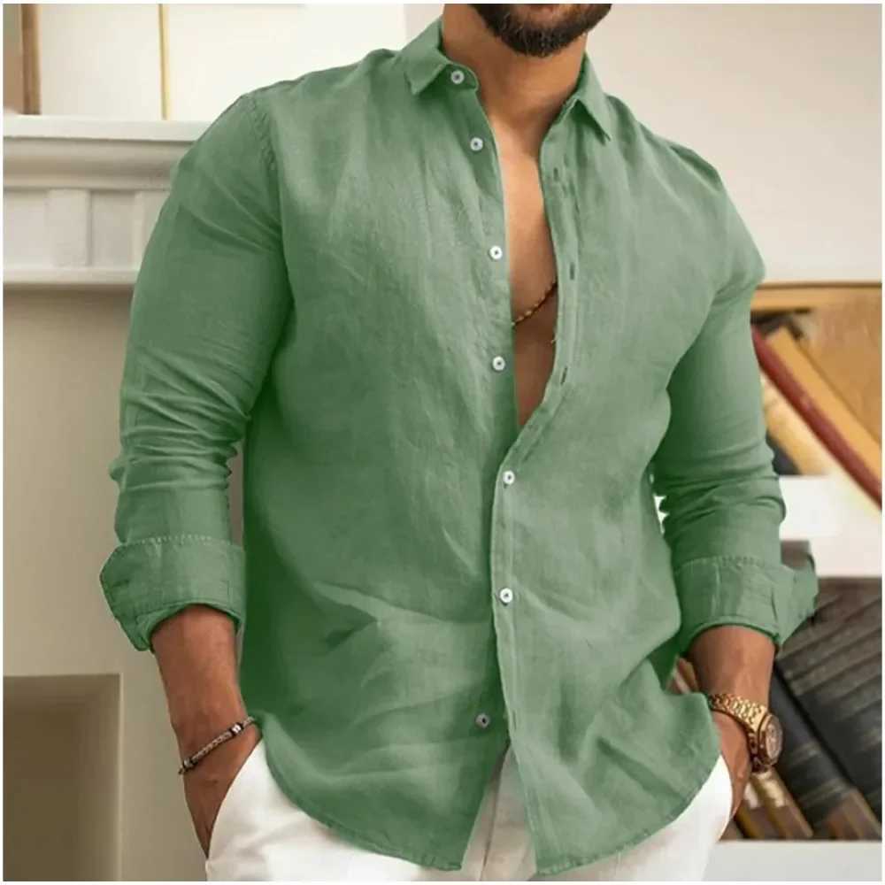 Mens Summer Beach Shirt Linen Button Up Long Sleeve Plain Lapel Spring Summer Casual Daily Clothing W250220