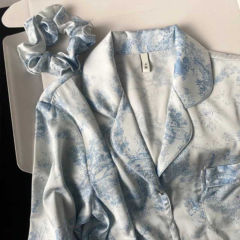 2024 Spring New Lapel Button Cardigan Lounge Sets Womens 2 Piece Ice Silk Pajamas for Women Fashion Printing Spwear for WomeXJ250220