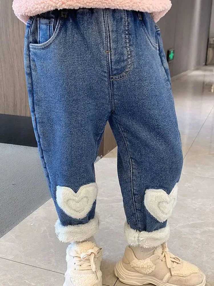 Winter velvet lined girls jeans thick elastic high waisted Vaqueros childrens warm denim harem pants plush childrens jeans Pantalones Z250220