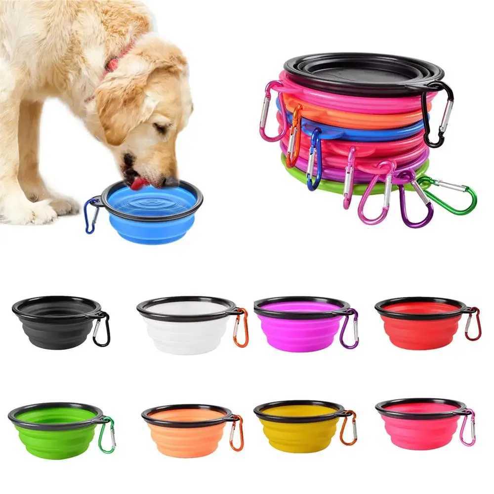 Dog Travel Bowls Bags Collapsible Pet Silicone Dog Food Water Bowl Outdoor Camping Travel Portable Folding Pet Bowl Dishes with Carabiner Pet Supplies