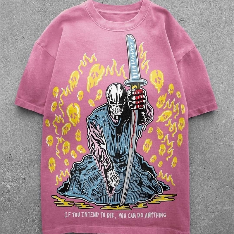 American Harajuku Manga Style Ghost Flame Print Pink Short-sleeved T-shirt Mens Summer Casual Street Hip-hop Trendy Clothing 250218