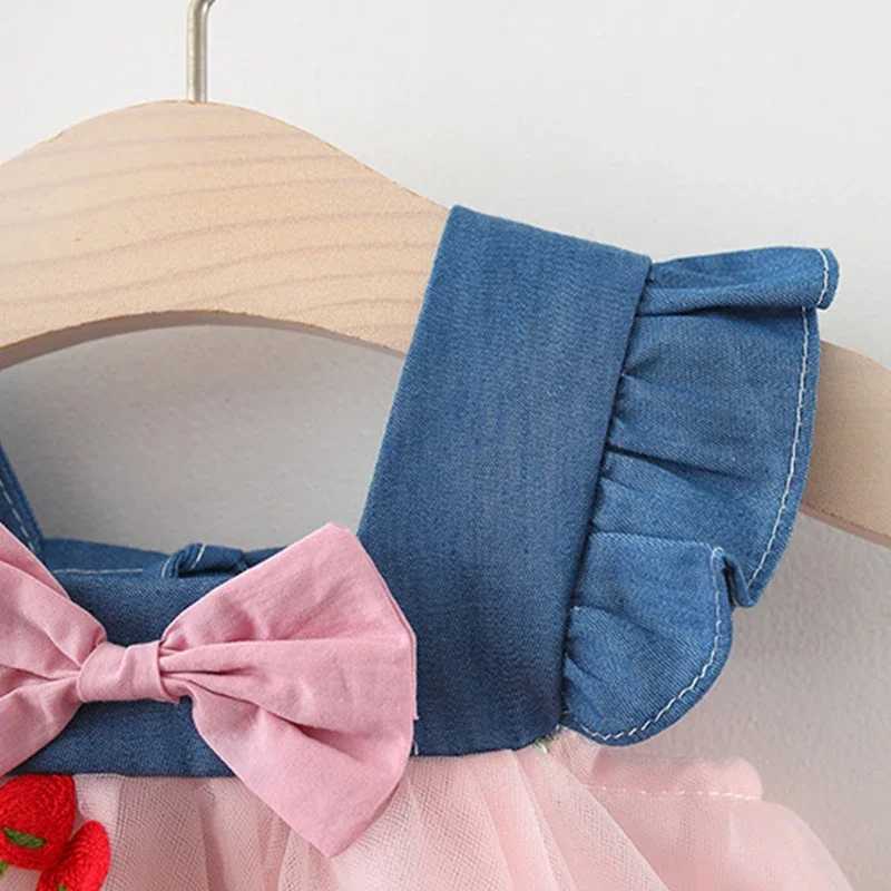 Summer Girls Suspender Dress Baby Girl Cherry Embroidered Mesh Denim Patchwork Small Flying Sleeve Princess Skirt X250220