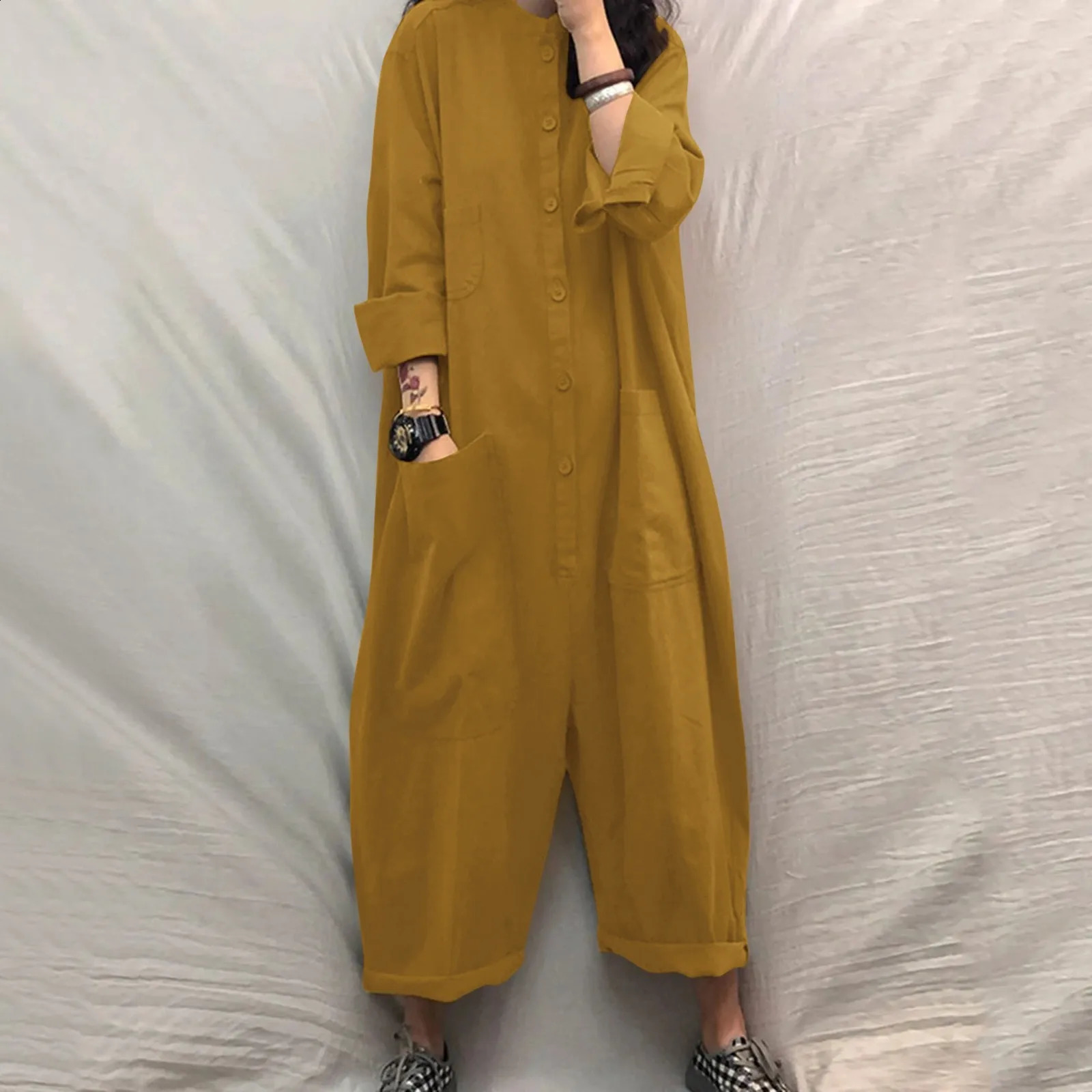 Womens jumpsuit oversized womens casual solid standing collar loose pocket autumn retro wide leg pants 250220