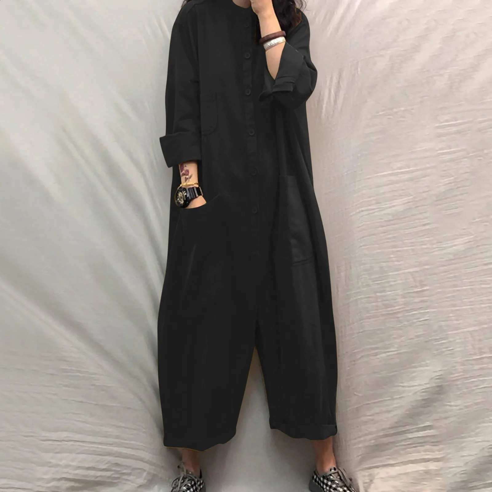 Womens jumpsuit oversized womens casual solid standing collar loose pocket autumn retro wide leg pants 250220