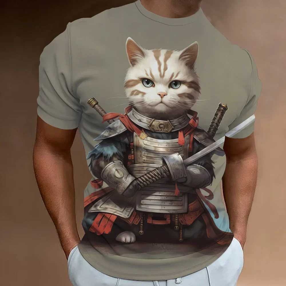 3d Samurai Cat Print Short Sleeve T-Shirt For Men New Retro Mens T-Shirt Fashion Oversized Man Clothes Quick Dry Tees Tops 2024 W250220