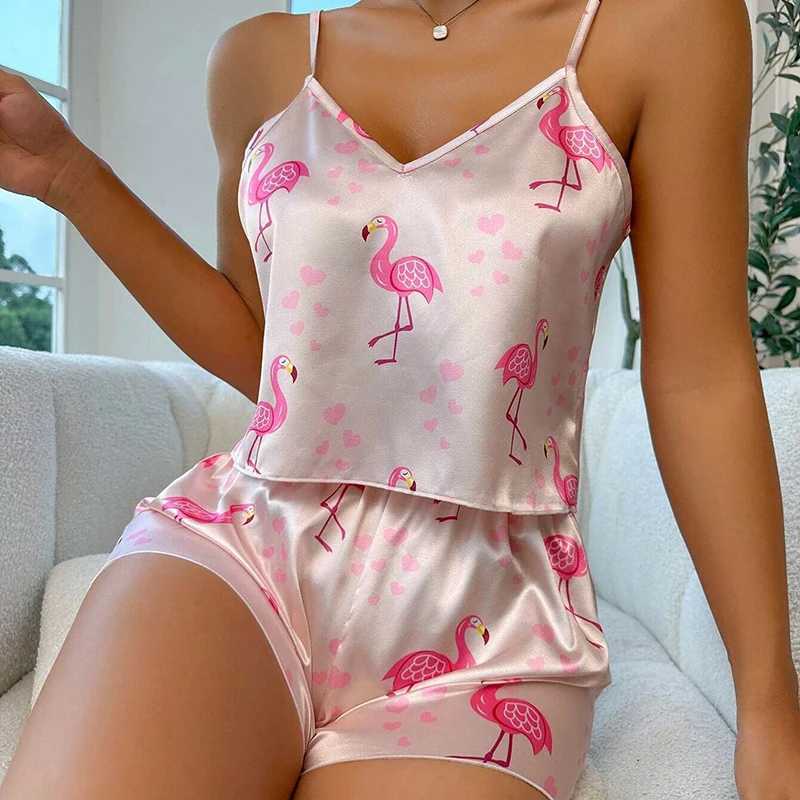 Womens Cute Flamingo Print Satin Pajama Set - V Neck Cami Top and Elastic Shorts for Comfortable Sp and Lounging HomewearXJ250220