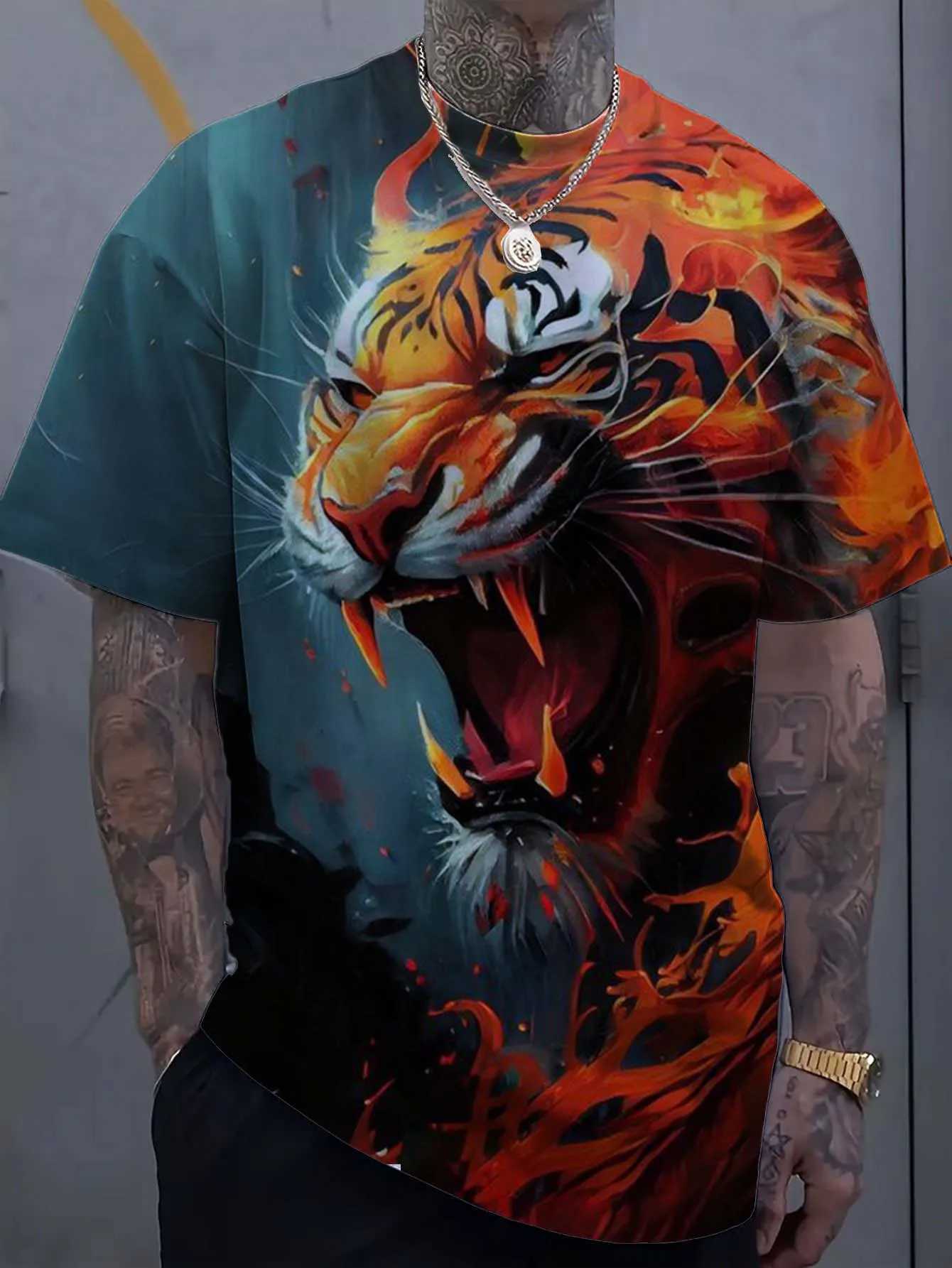 Mens T-shirt with animal tiger pattern 3D printed top summer new womens street clothing fashionable oversized unisex T-shirt mens clothing W250220