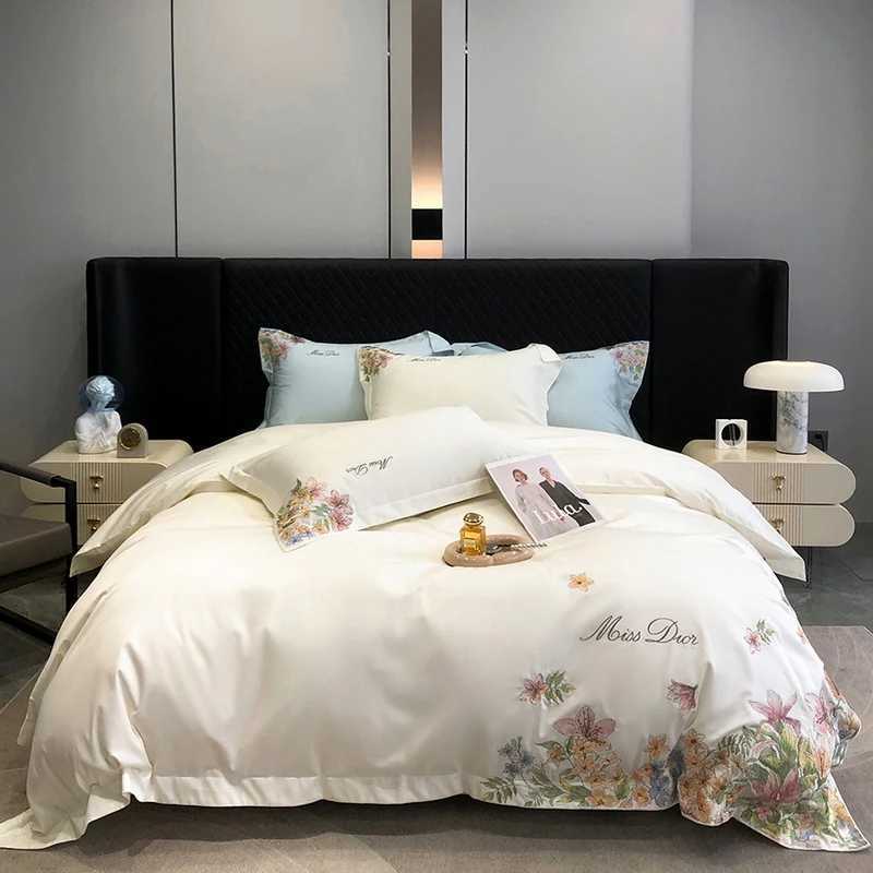 Bedding Set Luxury Flowers Embroidery Quilt/Duvet Cover White Egyptian Cotton Bedspread Fitted Sheet Mattress Cover PillowcasesXJ250220