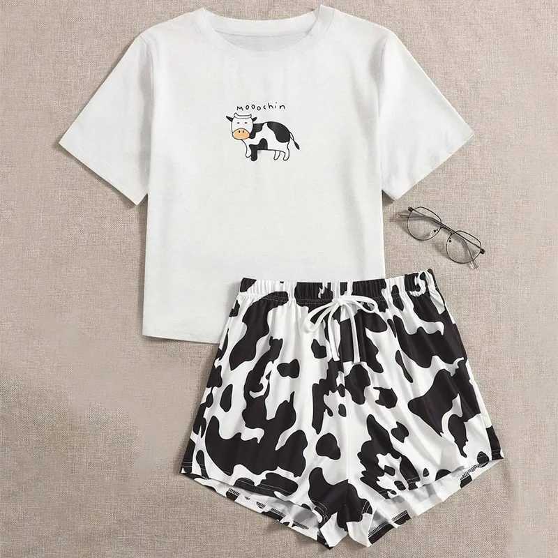 Cow Leopard Womens Pajamas Short Sves O Neck Top Shorts 2 Pieces Fe Summer Spwear Nightwear Homewear ClothXJ250220