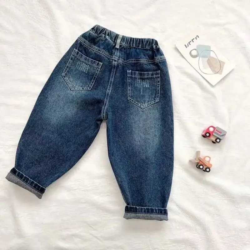 Kids Boys Jeans Spring and Autumn New 2023 Fashionable Broken Copper Childrens Baby Elastic Soft Pants Boys Trousers Z250220