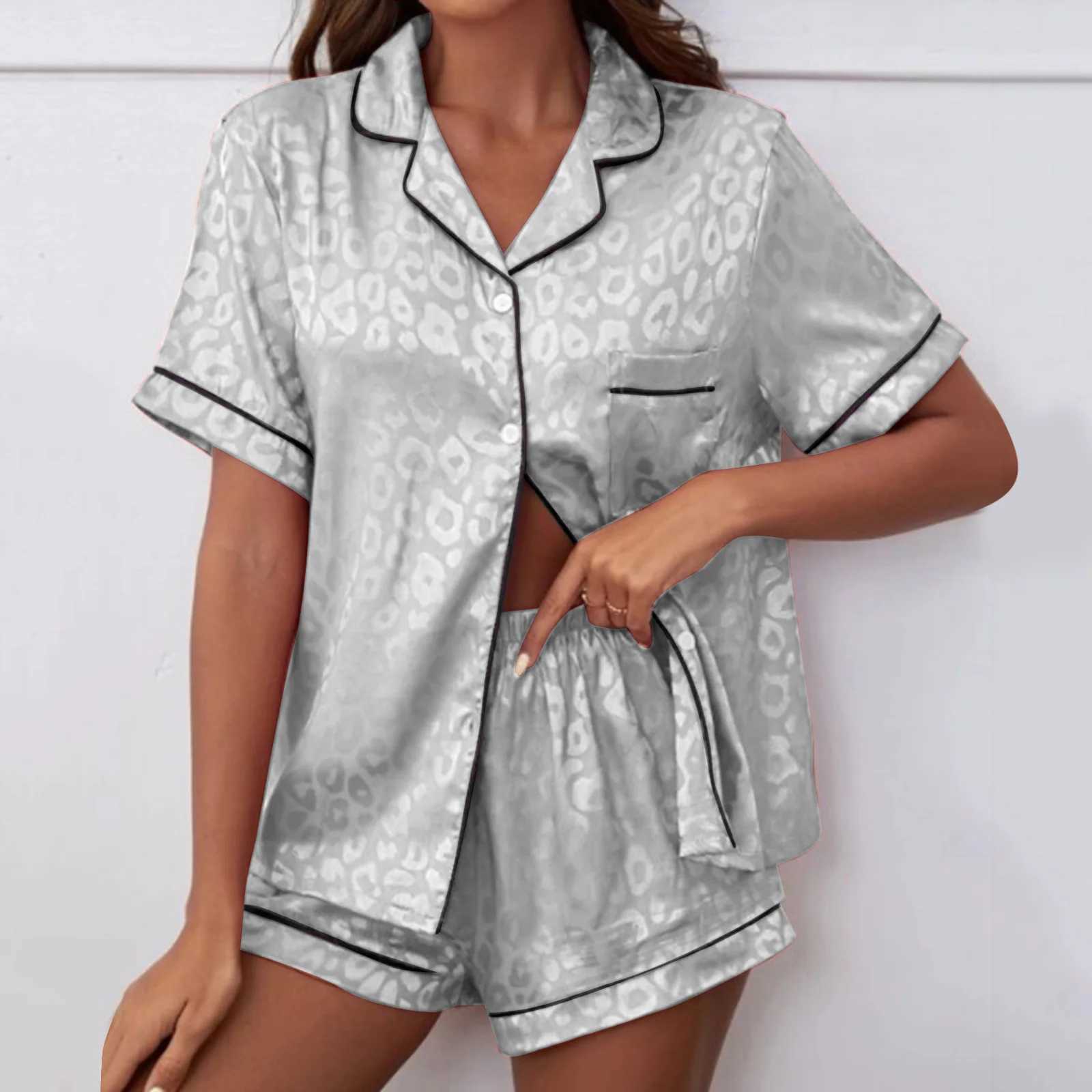 Womens Satin Printed Pajamas Sets Short Sved Lapel Silk Housewear Comfortable Girl Tops+Shorts 2 Pcs Set Size 12 Plus-sizeXJ250220