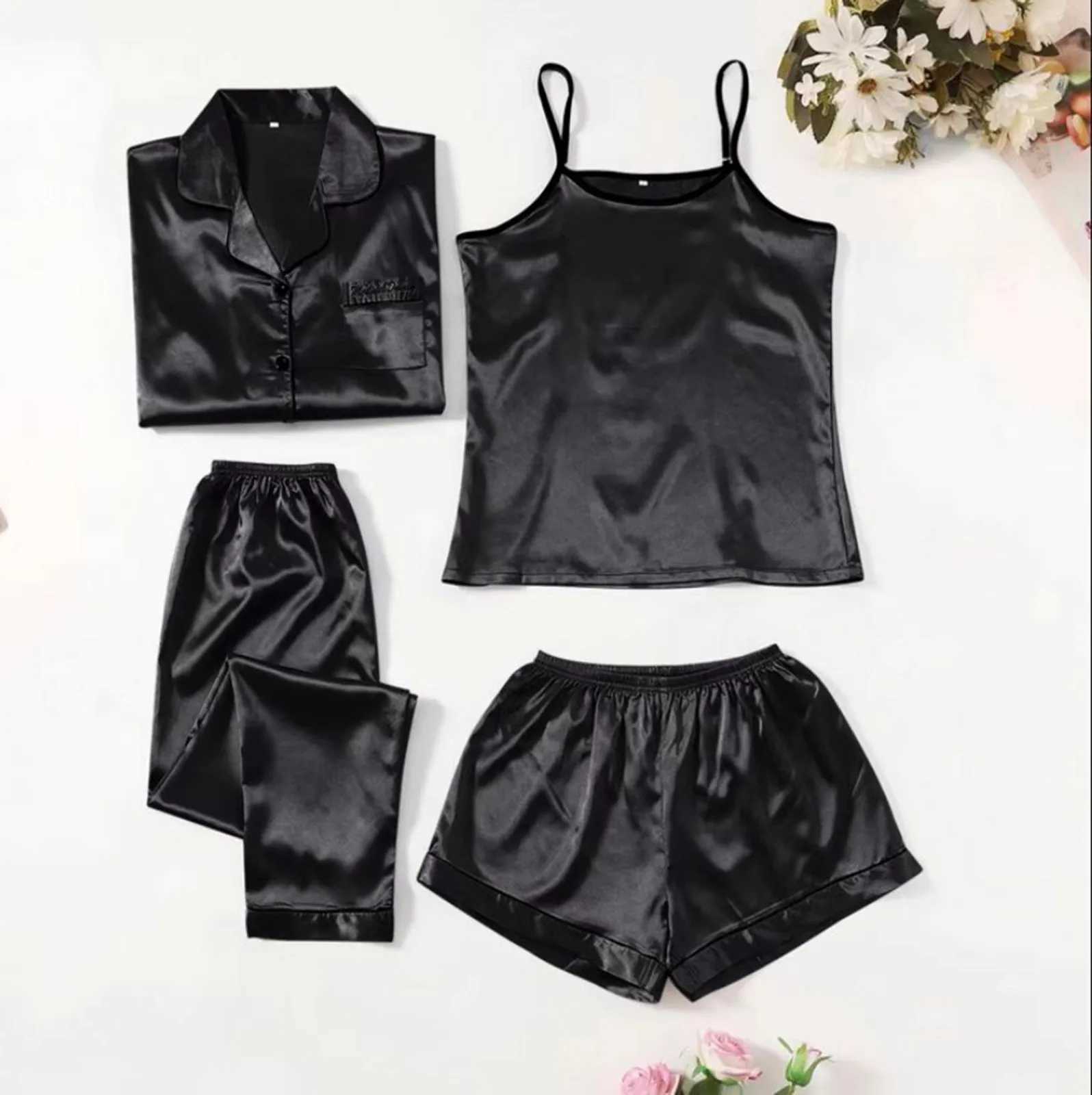Spwear Women Long Sve Suspenders Long Pants Shorts Pajamas 4 Piece Set Ice Silk Quick Dry Night Dress Trouser ShirtXJ250220