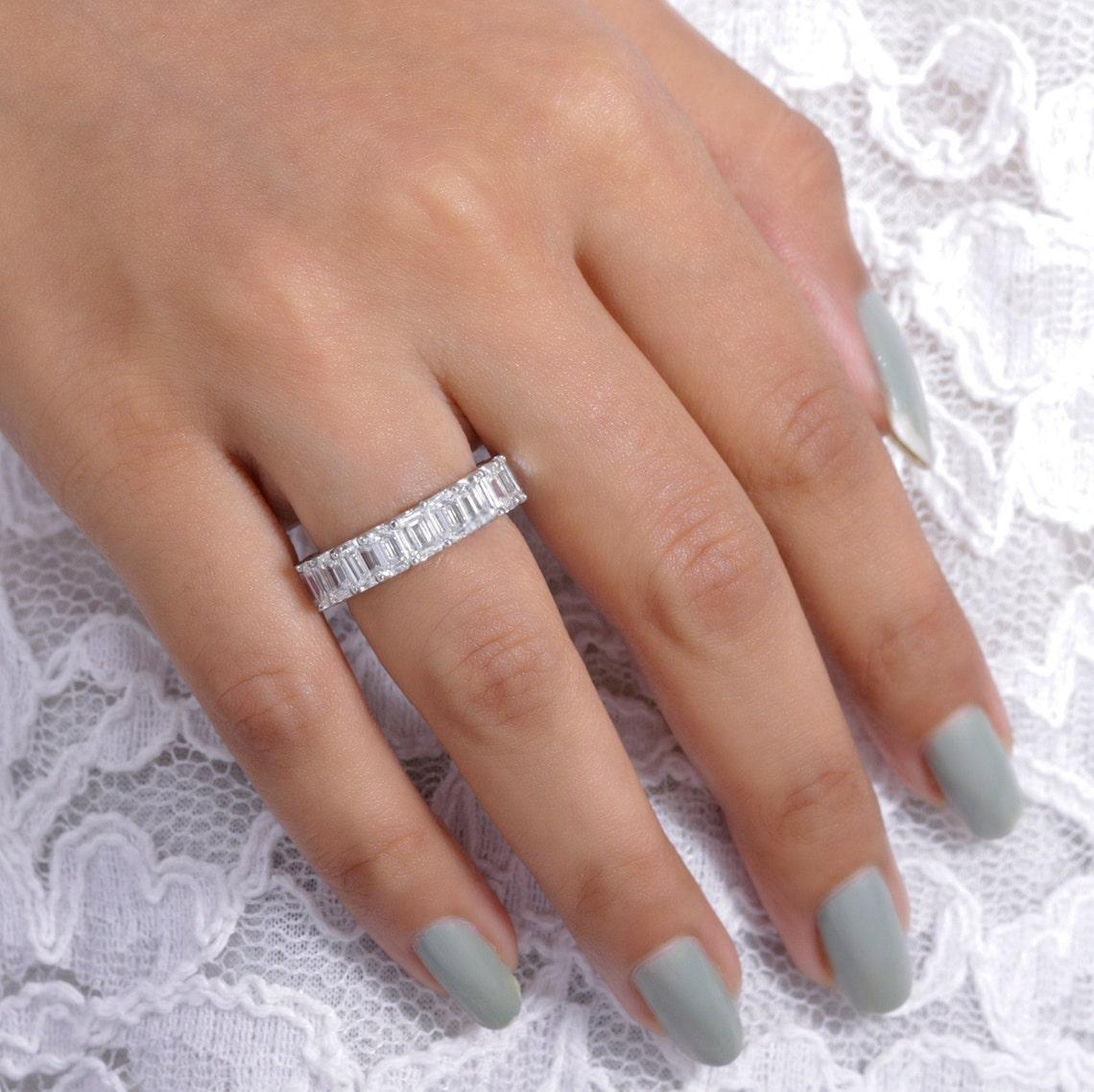Jewelry 18K White Solid Gold Lab Grow Diamond EF Color 4.5*3.2mm Emerald Cut Full Band Eternity Ring HPHT CVD Diamond Stackable Ring