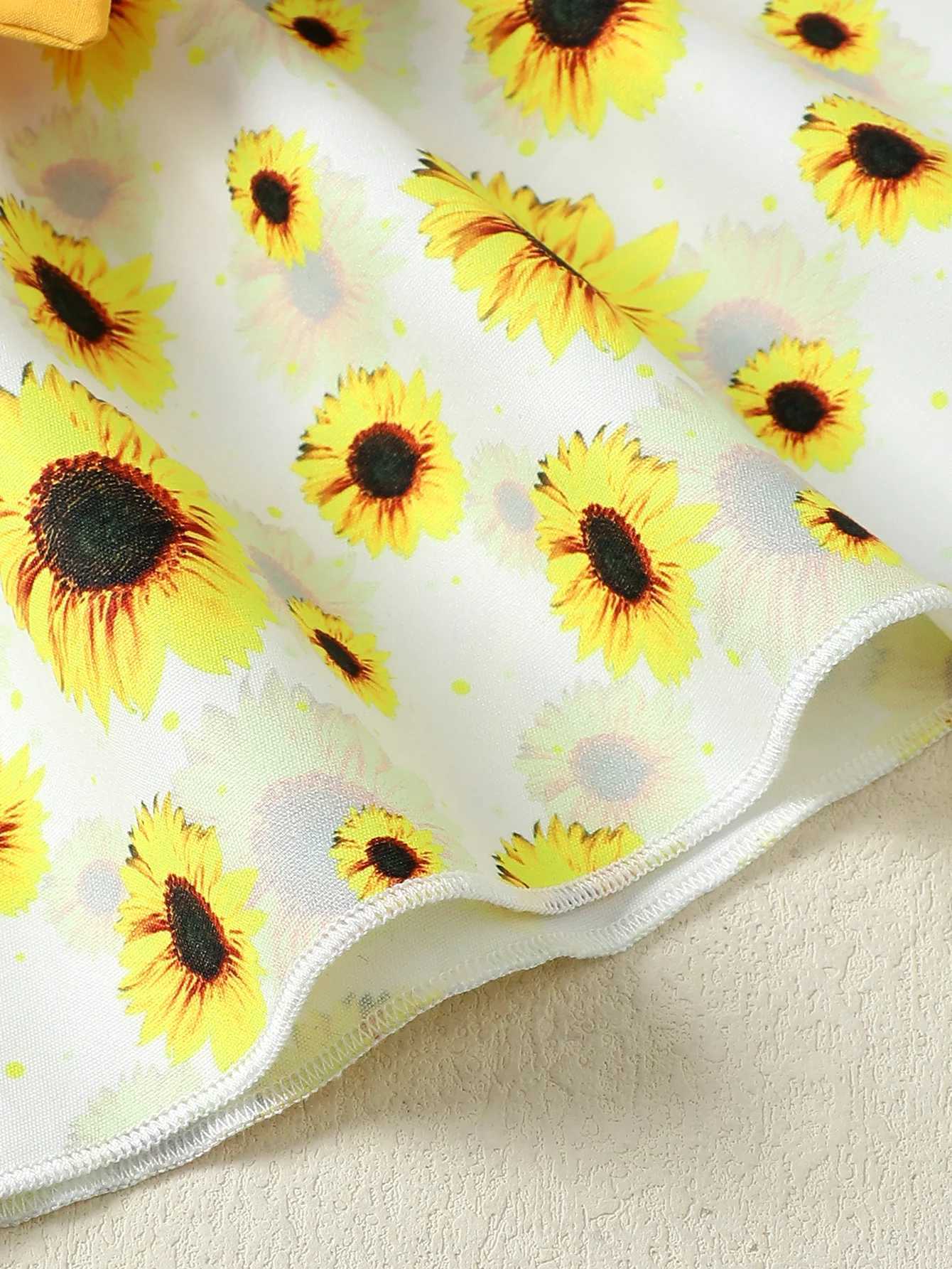 0-2 Year Old Newborn Baby Girl Summer Suspender Bow Headband Belt Sunflower Print Casual Daily Dress Baby Clothes X250220