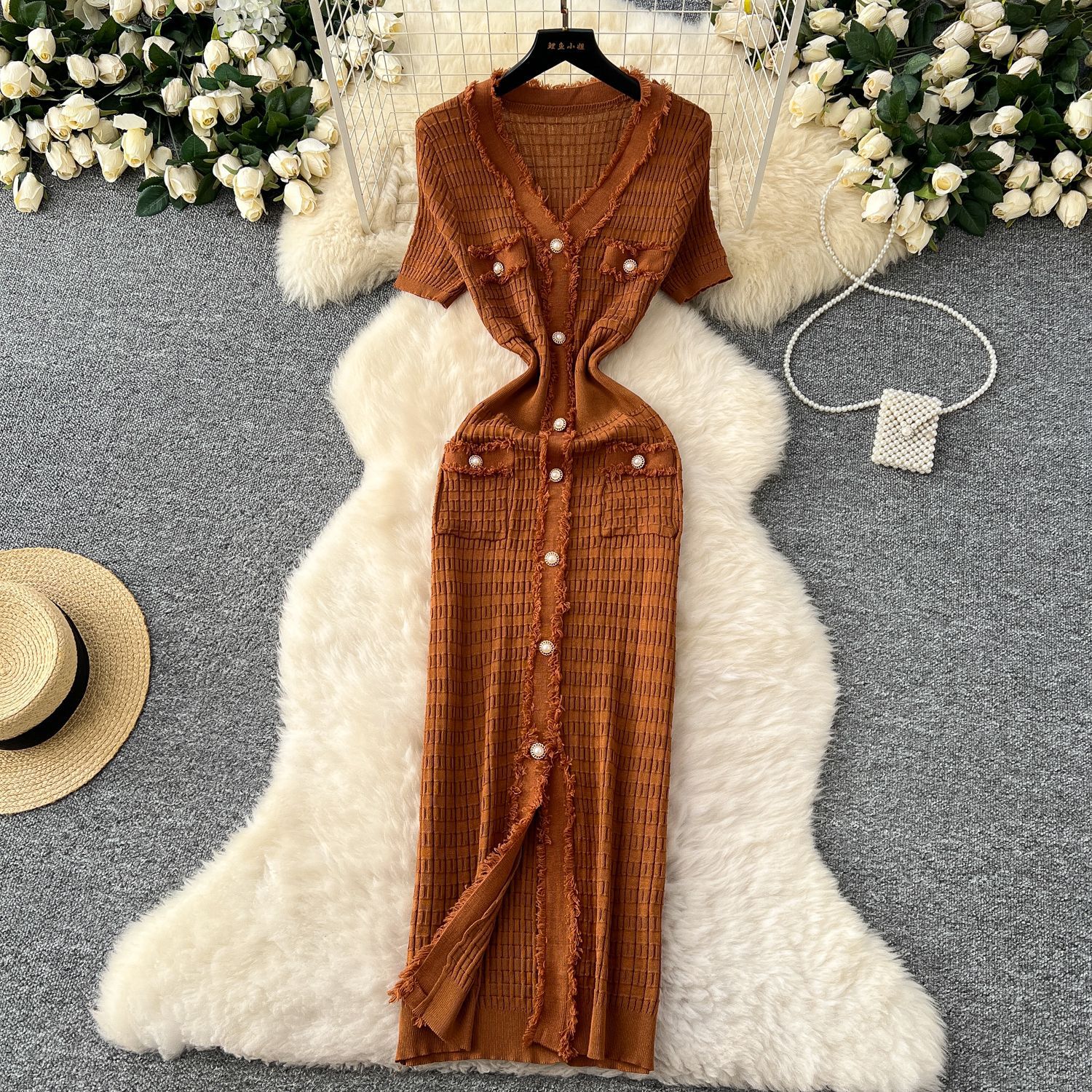 2025 New Summer Arrival Women Knitted Maxi Long Elegant V-neck Single-breasted Split Sweater Dress Office Lady Vestidos