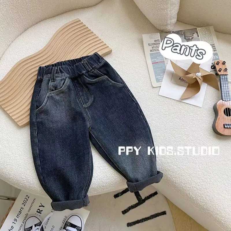 Boys plush and thick pants autumn and winter clothing childrens soft and elastic casual jeans baby warm pants Z250220