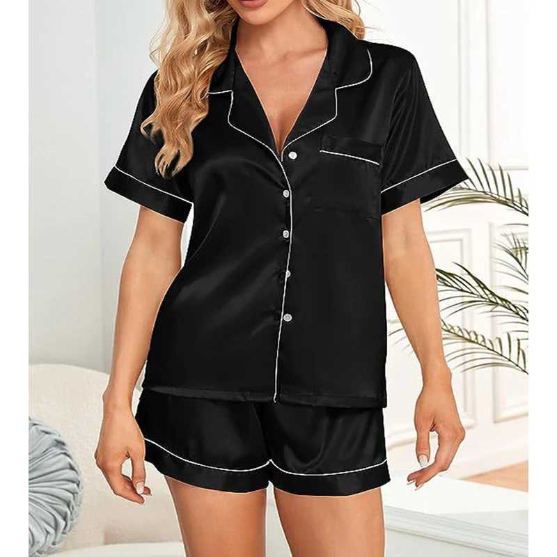 Summer Ice Silk Pajamas for Women Simple Short-sved Home Wear Set of Tops and ShortsXJ250220