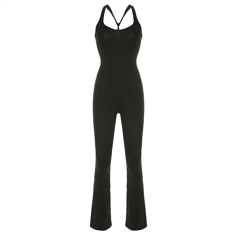 SUCHCUTE Women Sexy Jumpsuits Hollow Out Backless Sleeveless Solid Rompers Casual Bodycon Streetwear Sporty Overall Black Summer 250220