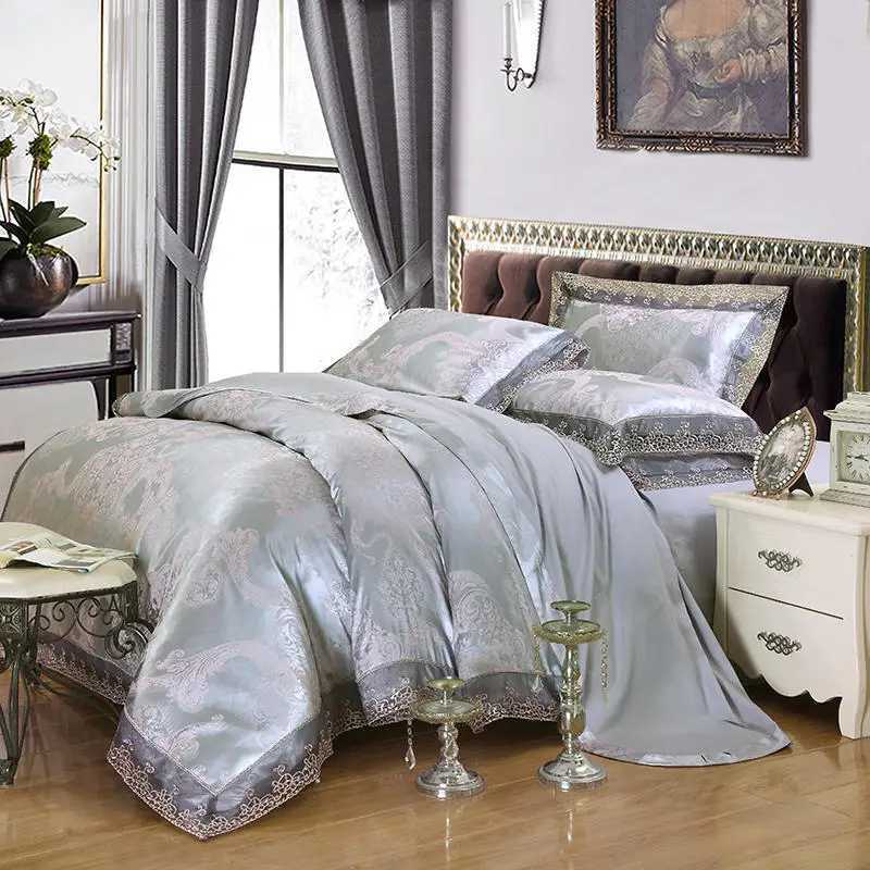 Luxury Jacquard Bedding Set Cotton Duvet Cover Lace Satin Bed Sheet Pillowcases King and Queen Size Bedspread Home Textiles 4PCsXJ250220