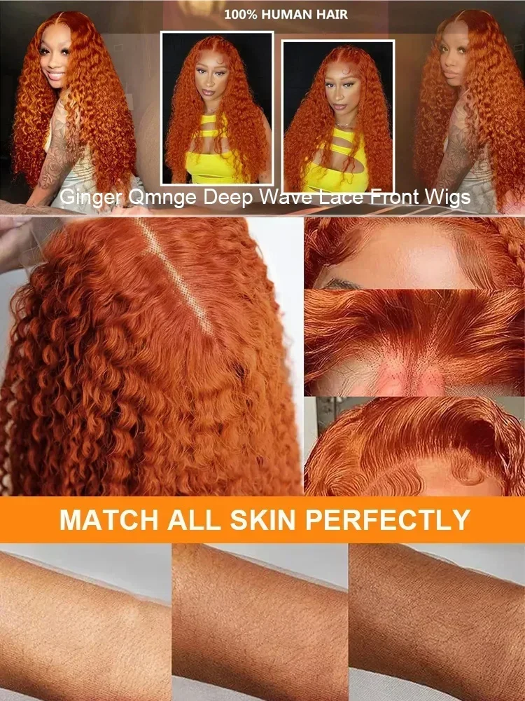 Free shipping 250 Density Brazilian Orange Ginger Colored Curly 13x4 13x6 Hd Lace Front SilationHuman Hair Wig 30 40 Inch Deep Wave Frontal Wigs For W