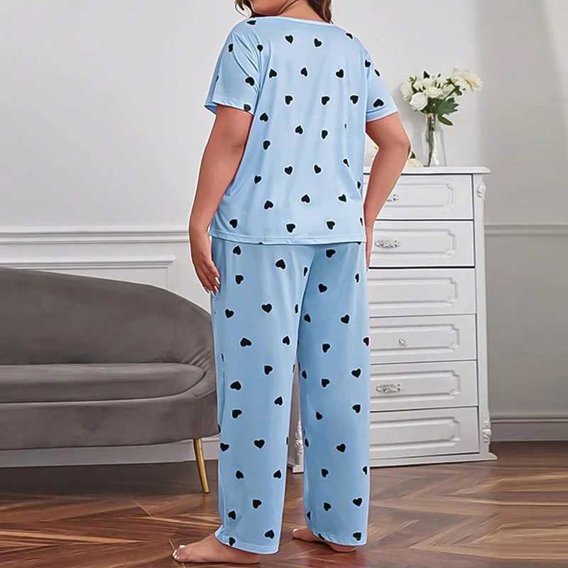 Plus Size Casual Pajama Set Womens Heart Print Short Sve Tee Tops Pants Spwear 2 Piece Soft Comfortable Loungewear SuitXJ250220