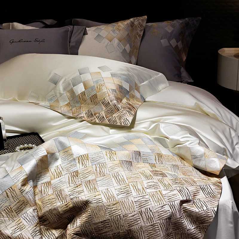 4Pcs Satin Brocade Egyptian Cotton Luxury Embroidery Bedding Set Pearl White/Grey Duvet Cover Bed Sheet/Fitted Sheet PillowcasesXJ250220