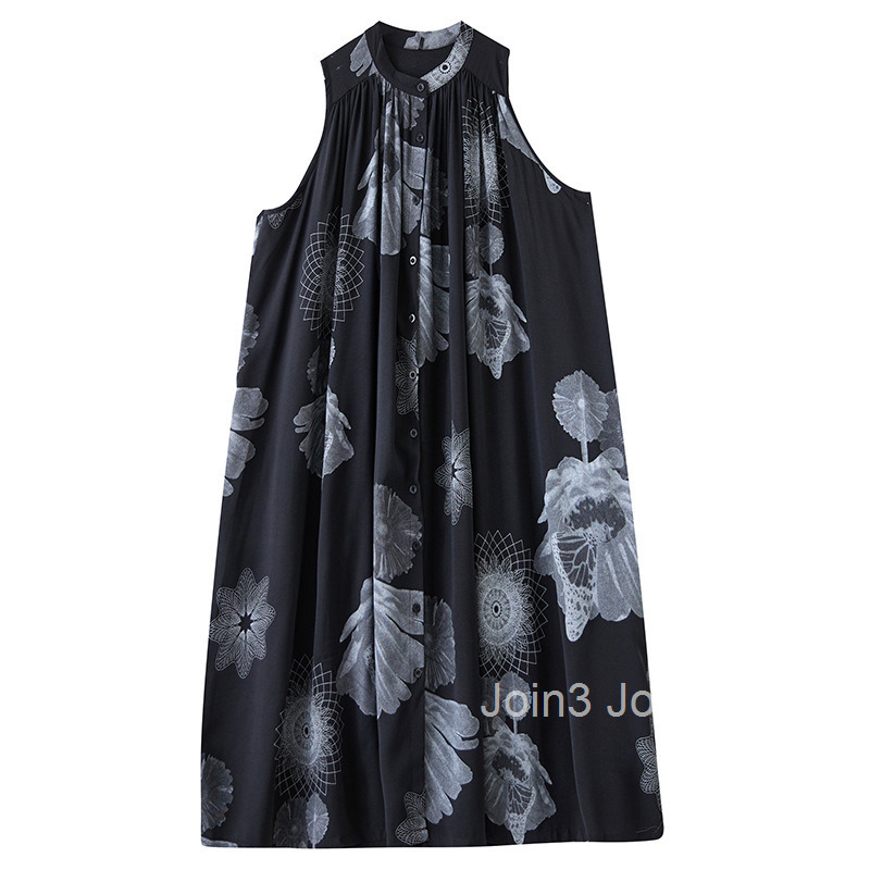 Spring/Summer New Fashion Korean Edition Sleeveless Stand Collar Printed Medium to Long Size Large Dress