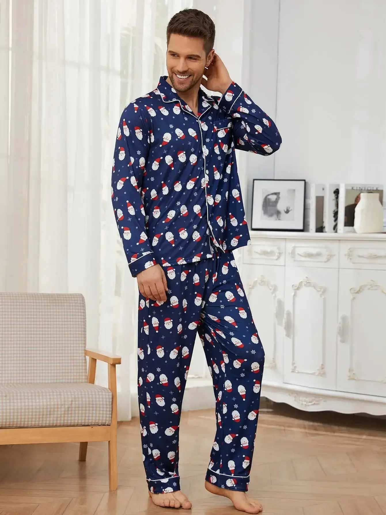 Christmas Santa Claus Men Pajama Set Long Sleeves Button Top Full Length Pants Sleepwear 2 Pieces Notched Collar NightwearXJ250222