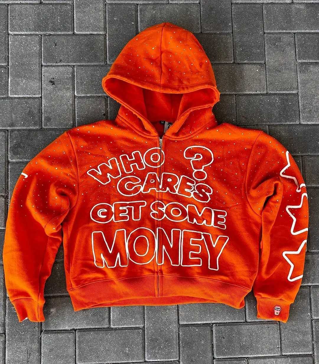 2024 American New Trend Who Cares Get Some Money Printed Zipper Sweater Mens and Womens Y2K Harajuku Hip Hop Goth Casual Coat W250222