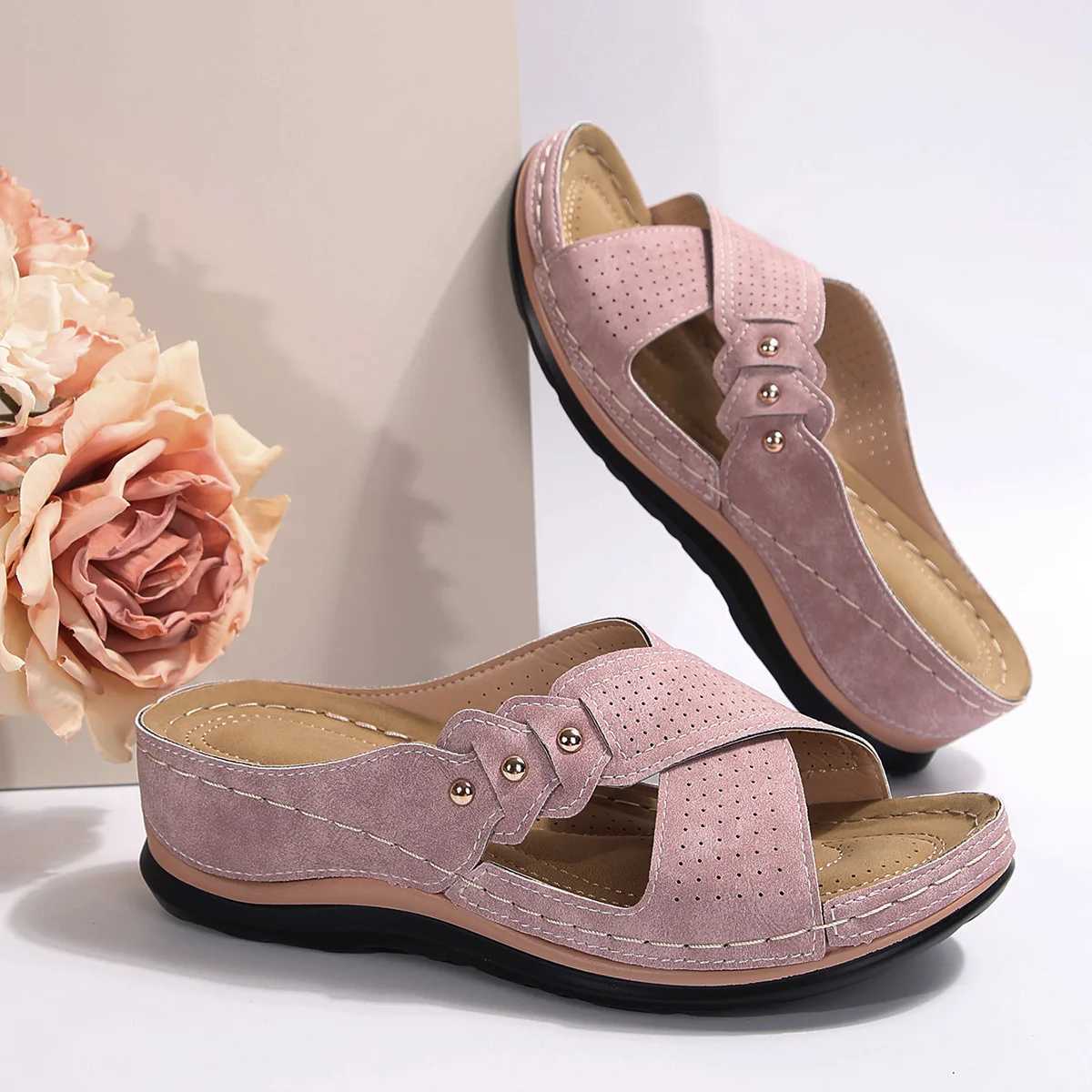 Vintage Mid Heel Strappy Back Open Toe Slide Sandals - Soft Faux Leather Upper Comfy PU Sole Comfortable Shoes for WomenXJ250221