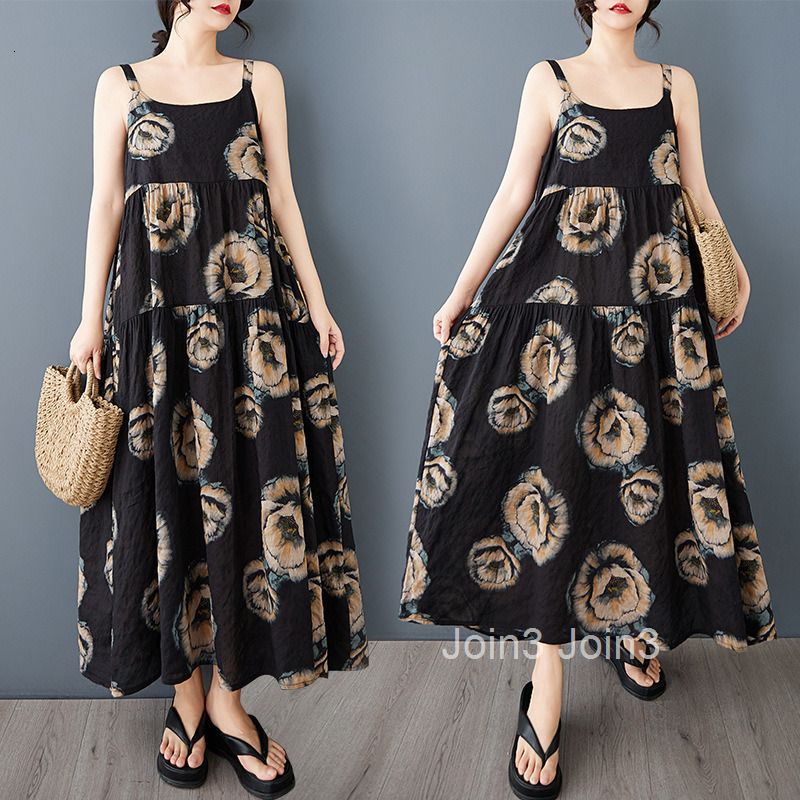 Spring/Summer New Ethnic Style Dress Fashion Printed Large Swing Strap Skirt Loose Long Skirt