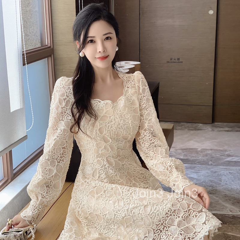 French style womens dress for spring fashion heavy industry sequin embroidery waist cinching slimming and elegant formal dress