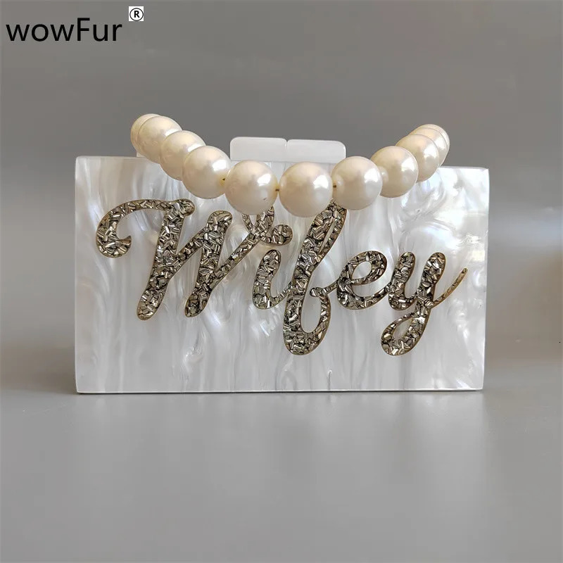 Women Pearl White Silver Glitter Letter Name Wifey Acrylic Evening Clutch Bag Ladies Chain Party Shoulder Purses And Handbag 250221