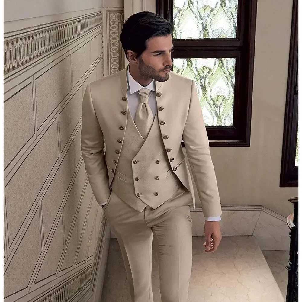 Beige Suits for Men 3 Piece Stand Collar Double Breasted Male Suit Slim Fit Causal Formal Elegant Groom Wedding TuxedoXJ250222