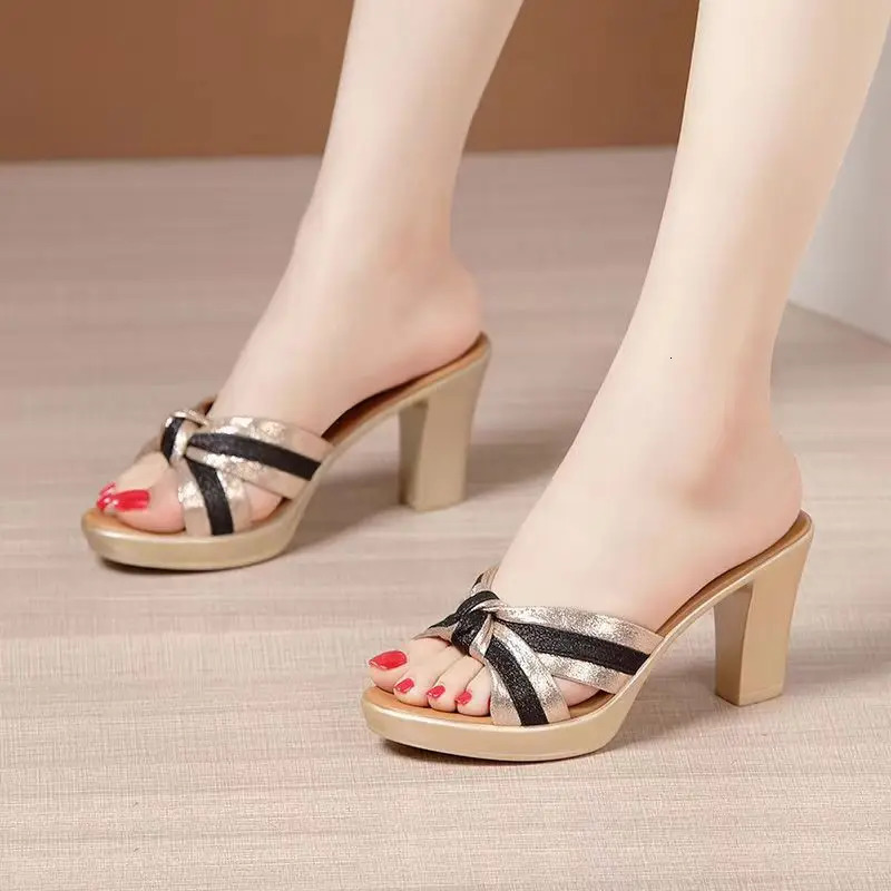 High Heels Shoes Women Chunky Slippers 2023 Summer Party Pumps Ladies Sandals Sexy Dress Slides Flip Flops 250218