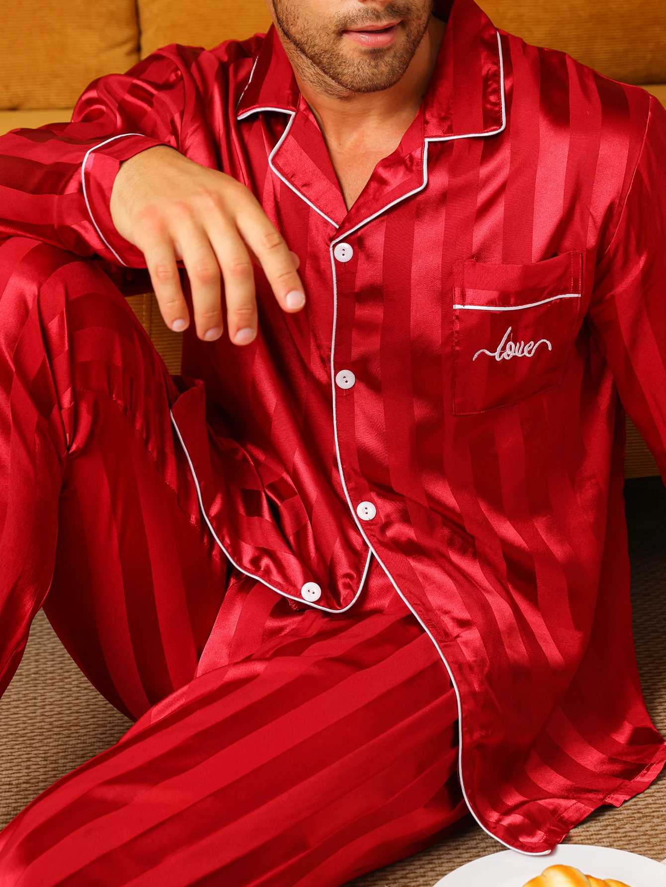 Two piece sets mens pajamas autumn and winter silk satin long sleeved pants casual minimalist letter embroidered sleepwear setXJ250222
