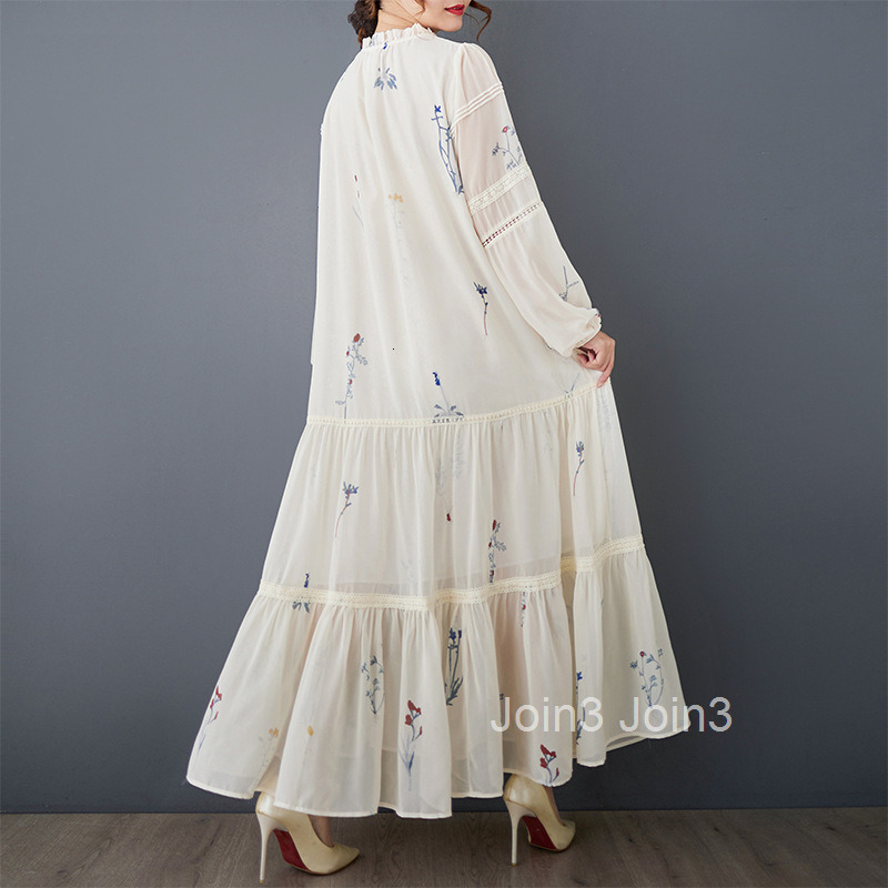 Spring and Autumn loose artistic fashion printed long sleeved patchwork pleated temperament versatile mid length dress