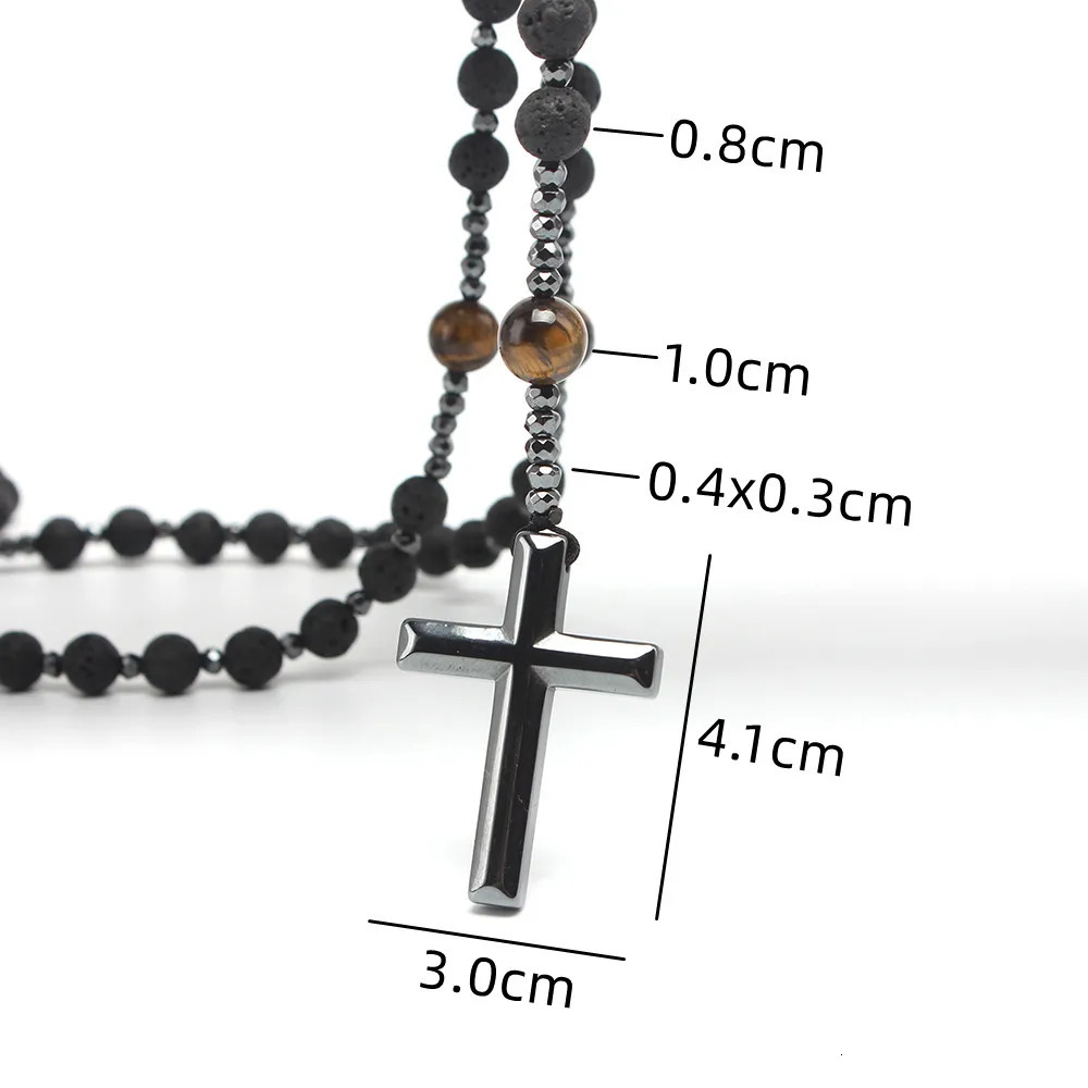 Natural Lava Stone Tiger-eye Hematite Cross Pendant Necklace Rosary Handmade Jewelry for Men 250217